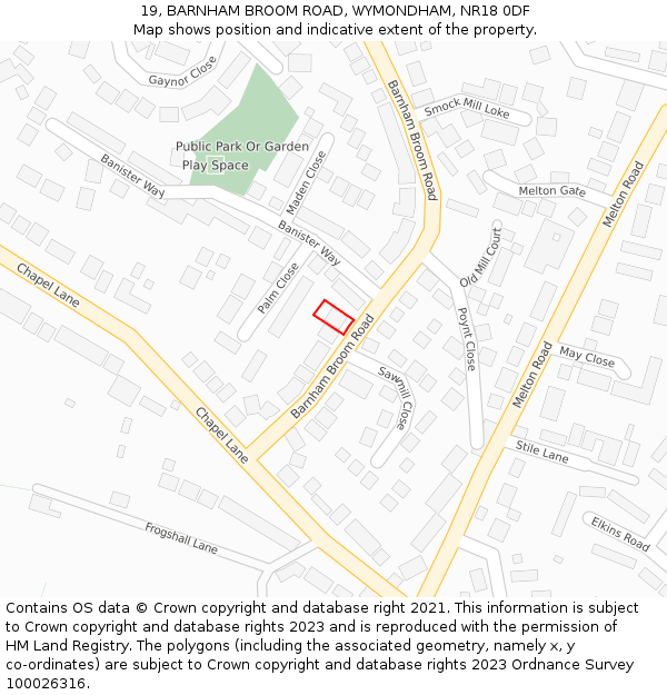 19, BARNHAM BROOM ROAD, WYMONDHAM, NR18 0DF: Location map and indicative extent of plot