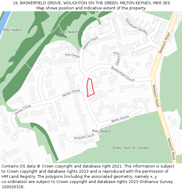 19, BASKERFIELD GROVE, WOUGHTON ON THE GREEN, MILTON KEYNES, MK6 3ES: Location map and indicative extent of plot