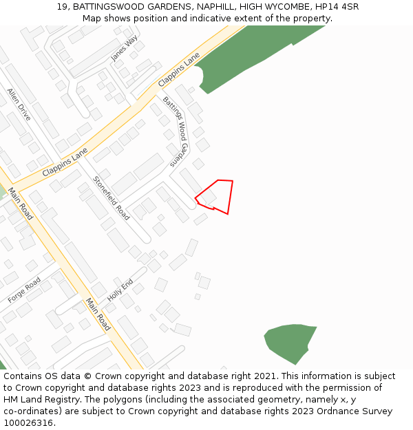 19, BATTINGSWOOD GARDENS, NAPHILL, HIGH WYCOMBE, HP14 4SR: Location map and indicative extent of plot