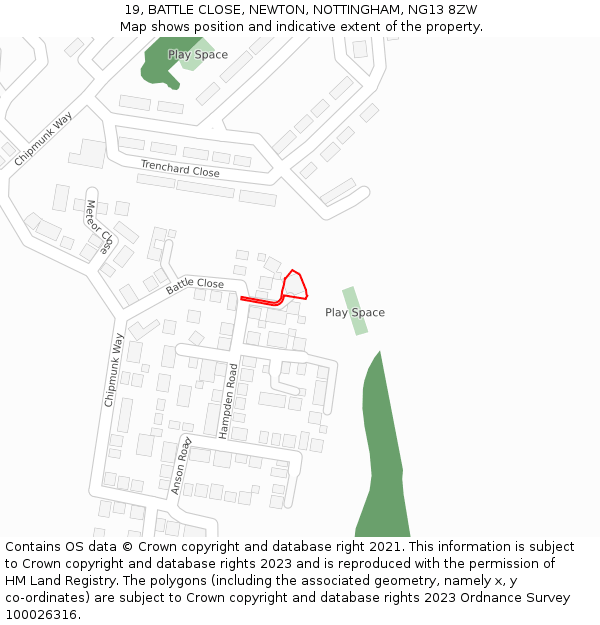 19, BATTLE CLOSE, NEWTON, NOTTINGHAM, NG13 8ZW: Location map and indicative extent of plot