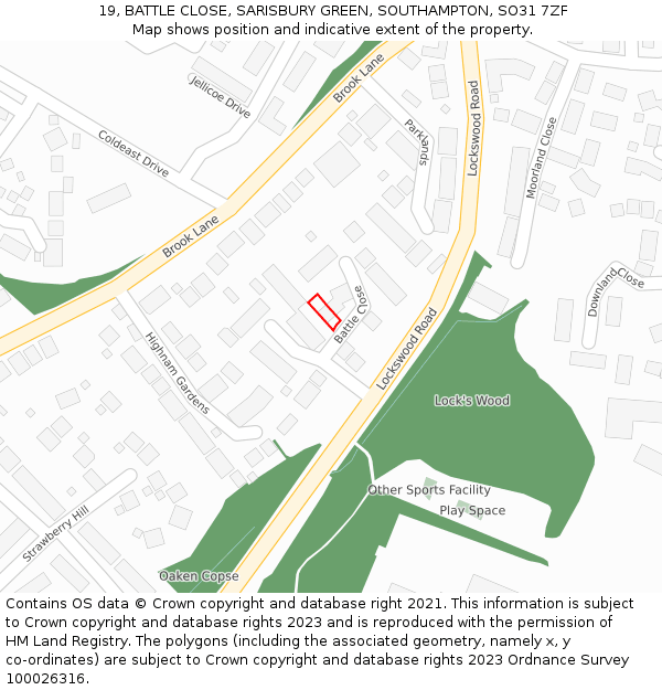 19, BATTLE CLOSE, SARISBURY GREEN, SOUTHAMPTON, SO31 7ZF: Location map and indicative extent of plot