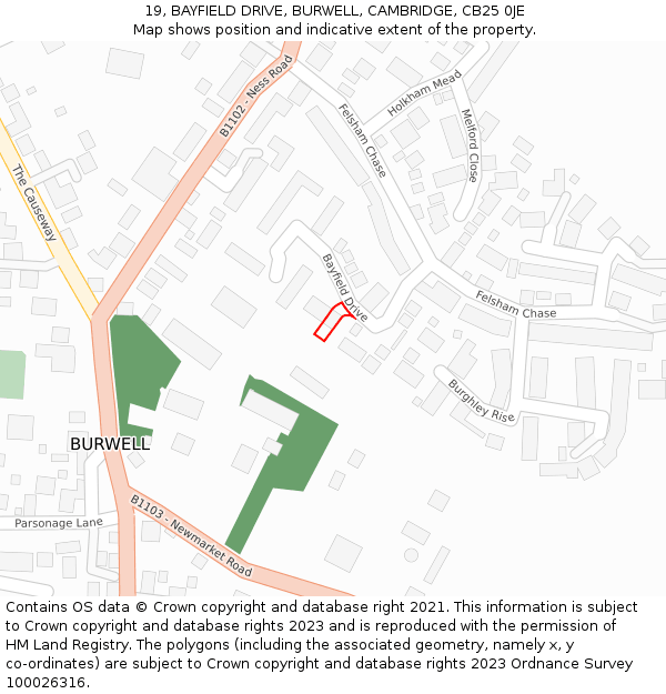 19, BAYFIELD DRIVE, BURWELL, CAMBRIDGE, CB25 0JE: Location map and indicative extent of plot