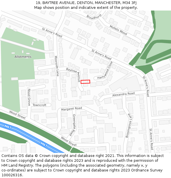 19, BAYTREE AVENUE, DENTON, MANCHESTER, M34 3FJ: Location map and indicative extent of plot