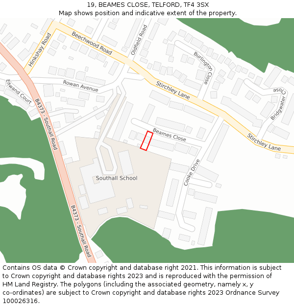 19, BEAMES CLOSE, TELFORD, TF4 3SX: Location map and indicative extent of plot