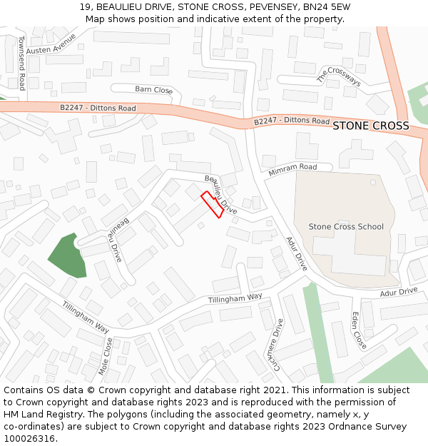 19, BEAULIEU DRIVE, STONE CROSS, PEVENSEY, BN24 5EW: Location map and indicative extent of plot