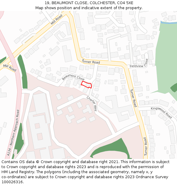 19, BEAUMONT CLOSE, COLCHESTER, CO4 5XE: Location map and indicative extent of plot