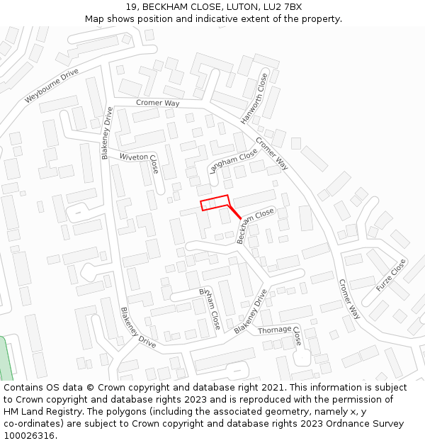 19, BECKHAM CLOSE, LUTON, LU2 7BX: Location map and indicative extent of plot