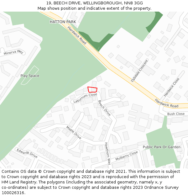 19, BEECH DRIVE, WELLINGBOROUGH, NN8 3GG: Location map and indicative extent of plot