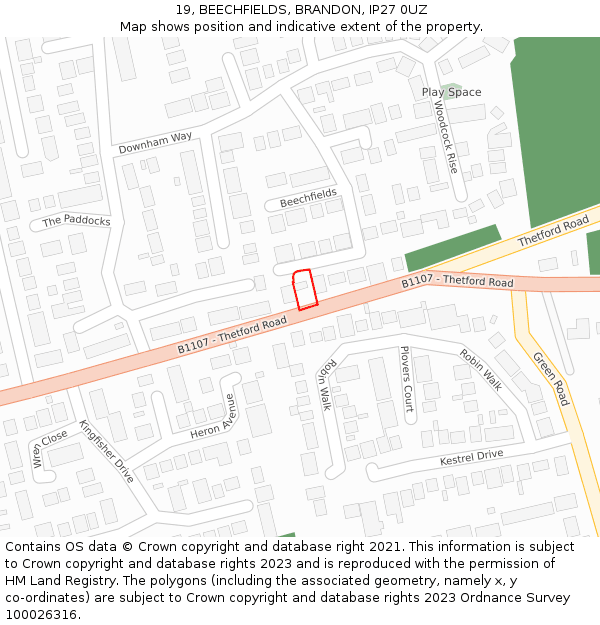 19, BEECHFIELDS, BRANDON, IP27 0UZ: Location map and indicative extent of plot