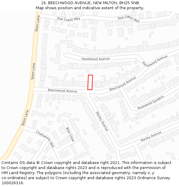 19, BEECHWOOD AVENUE, NEW MILTON, BH25 5NB: Location map and indicative extent of plot