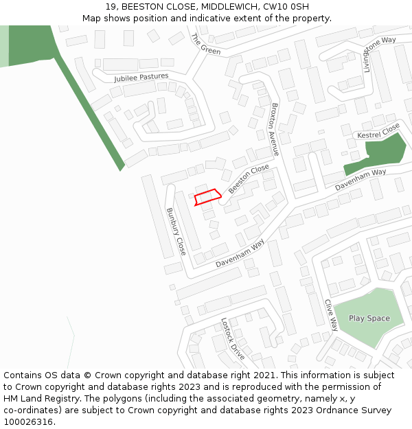 19, BEESTON CLOSE, MIDDLEWICH, CW10 0SH: Location map and indicative extent of plot