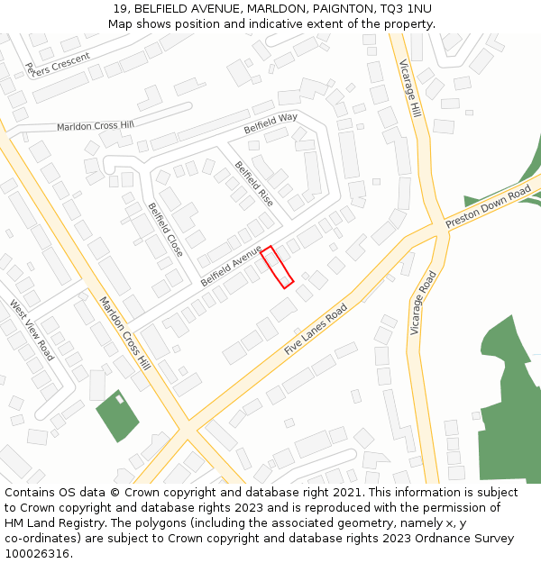 19, BELFIELD AVENUE, MARLDON, PAIGNTON, TQ3 1NU: Location map and indicative extent of plot