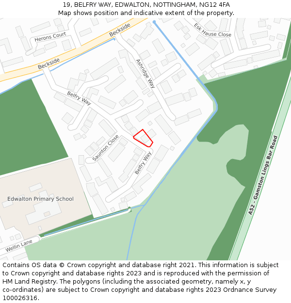 19, BELFRY WAY, EDWALTON, NOTTINGHAM, NG12 4FA: Location map and indicative extent of plot