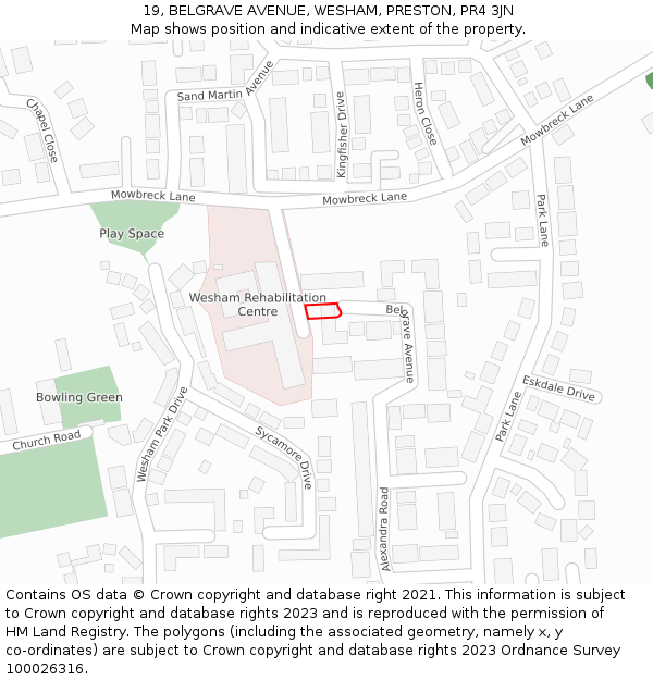 19, BELGRAVE AVENUE, WESHAM, PRESTON, PR4 3JN: Location map and indicative extent of plot