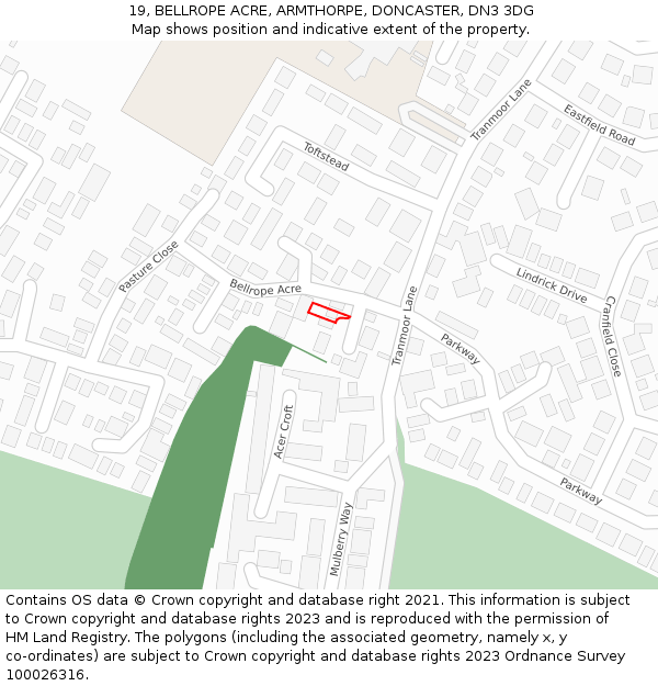 19, BELLROPE ACRE, ARMTHORPE, DONCASTER, DN3 3DG: Location map and indicative extent of plot