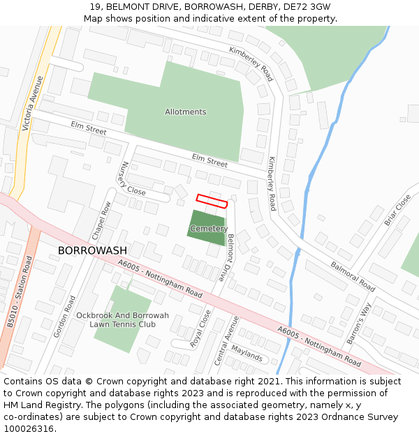 19, BELMONT DRIVE, BORROWASH, DERBY, DE72 3GW: Location map and indicative extent of plot