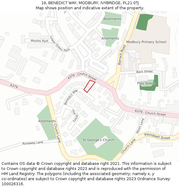 19, BENEDICT WAY, MODBURY, IVYBRIDGE, PL21 0TJ: Location map and indicative extent of plot