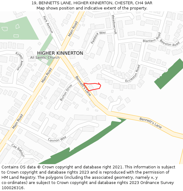 19, BENNETTS LANE, HIGHER KINNERTON, CHESTER, CH4 9AR: Location map and indicative extent of plot
