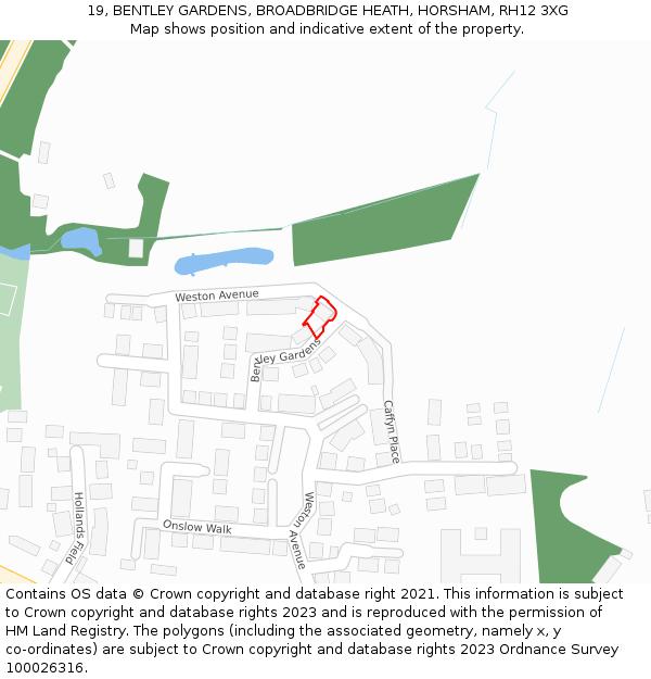 19, BENTLEY GARDENS, BROADBRIDGE HEATH, HORSHAM, RH12 3XG: Location map and indicative extent of plot