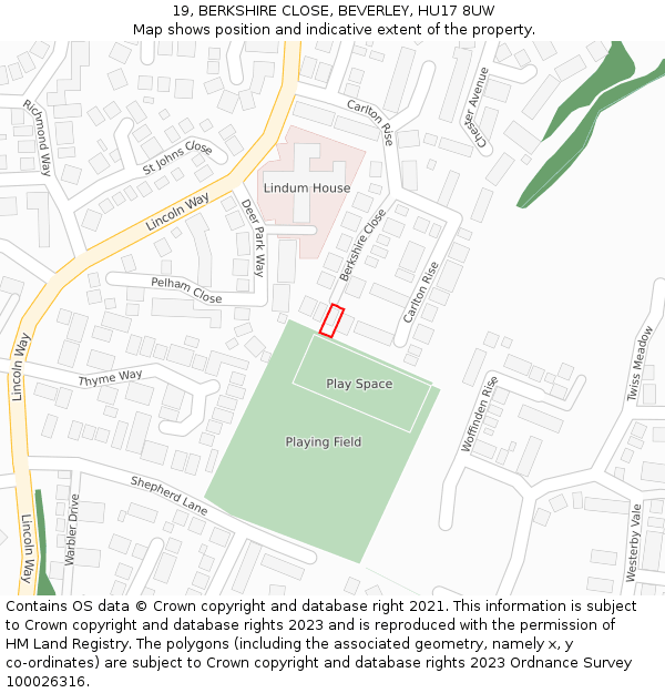 19, BERKSHIRE CLOSE, BEVERLEY, HU17 8UW: Location map and indicative extent of plot