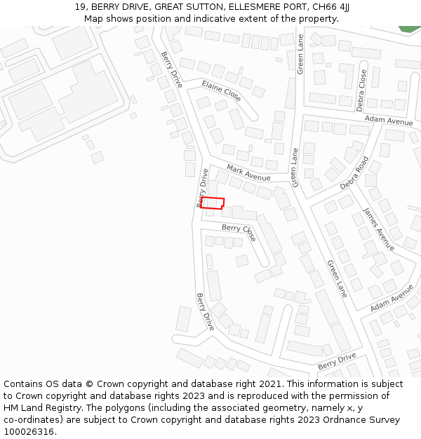 19, BERRY DRIVE, GREAT SUTTON, ELLESMERE PORT, CH66 4JJ: Location map and indicative extent of plot