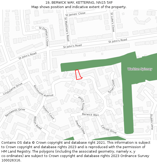 19, BERWICK WAY, KETTERING, NN15 5XF: Location map and indicative extent of plot