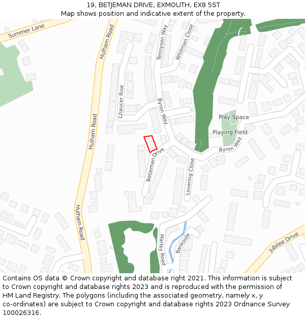 19, BETJEMAN DRIVE, EXMOUTH, EX8 5ST: Location map and indicative extent of plot