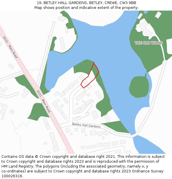 19, BETLEY HALL GARDENS, BETLEY, CREWE, CW3 9BB: Location map and indicative extent of plot