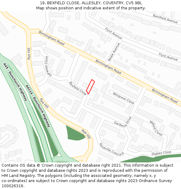 19, BEXFIELD CLOSE, ALLESLEY, COVENTRY, CV5 9BL: Location map and indicative extent of plot