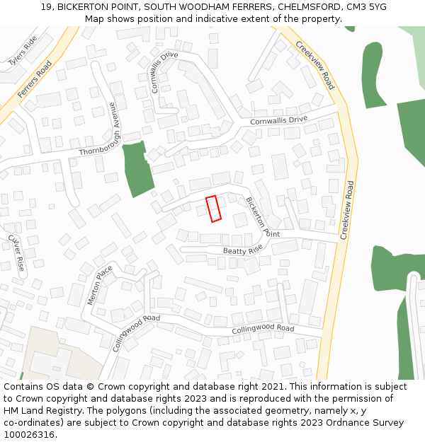 19, BICKERTON POINT, SOUTH WOODHAM FERRERS, CHELMSFORD, CM3 5YG: Location map and indicative extent of plot