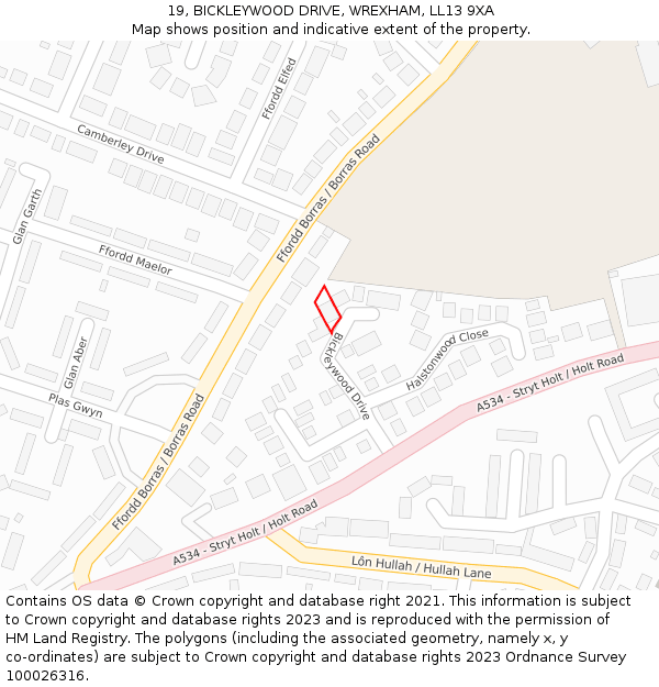 19, BICKLEYWOOD DRIVE, WREXHAM, LL13 9XA: Location map and indicative extent of plot