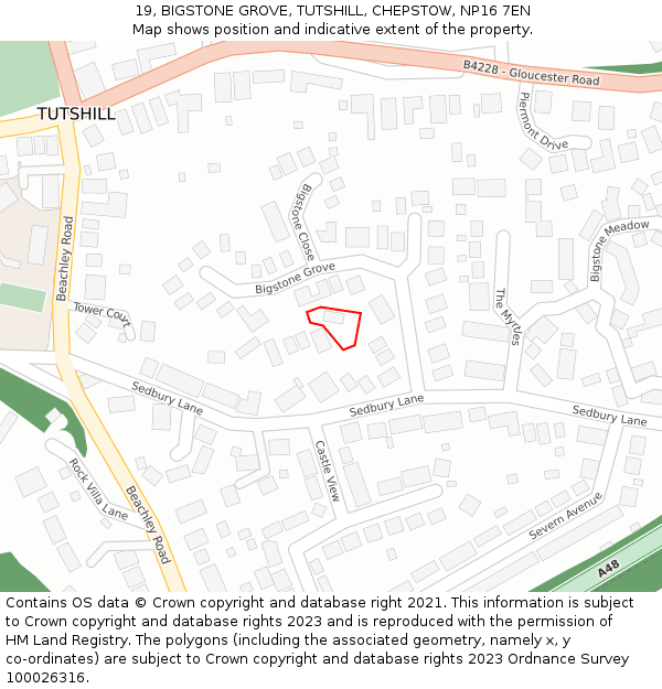 19, BIGSTONE GROVE, TUTSHILL, CHEPSTOW, NP16 7EN: Location map and indicative extent of plot