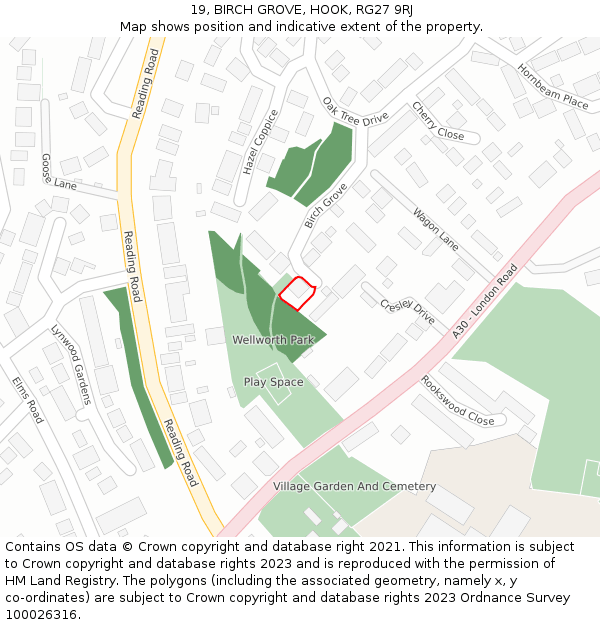 19, BIRCH GROVE, HOOK, RG27 9RJ: Location map and indicative extent of plot