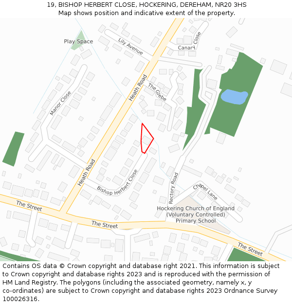 19, BISHOP HERBERT CLOSE, HOCKERING, DEREHAM, NR20 3HS: Location map and indicative extent of plot