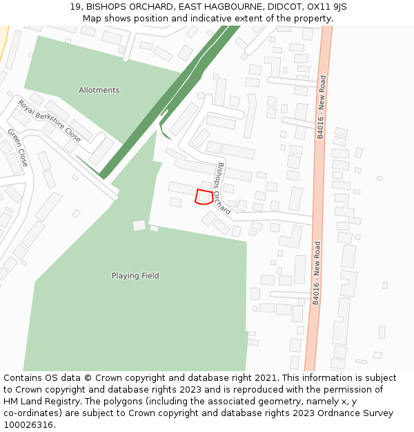 19, BISHOPS ORCHARD, EAST HAGBOURNE, DIDCOT, OX11 9JS: Location map and indicative extent of plot