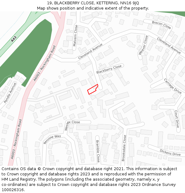 19, BLACKBERRY CLOSE, KETTERING, NN16 9JQ: Location map and indicative extent of plot