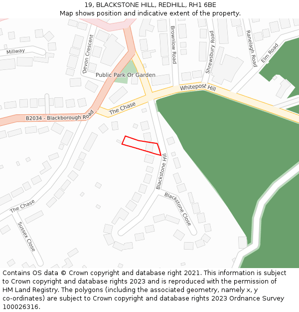 19, BLACKSTONE HILL, REDHILL, RH1 6BE: Location map and indicative extent of plot