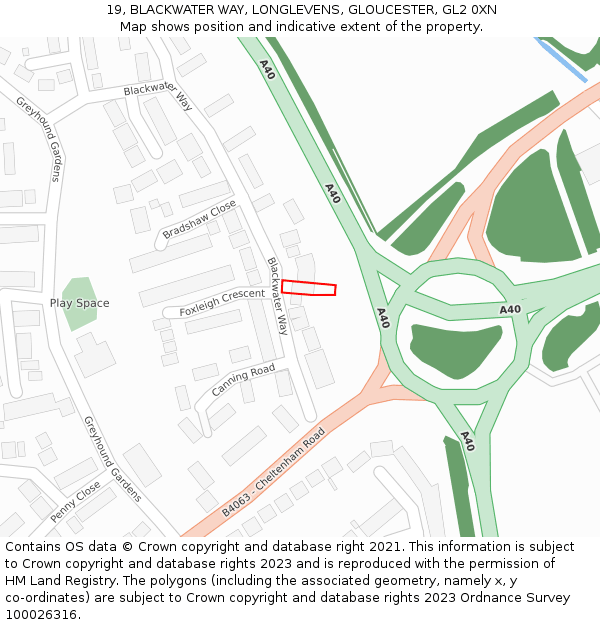 19, BLACKWATER WAY, LONGLEVENS, GLOUCESTER, GL2 0XN: Location map and indicative extent of plot