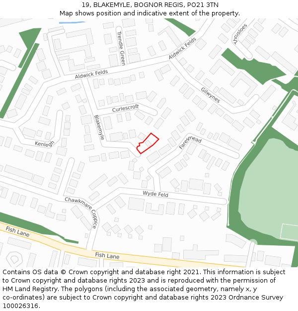 19, BLAKEMYLE, BOGNOR REGIS, PO21 3TN: Location map and indicative extent of plot