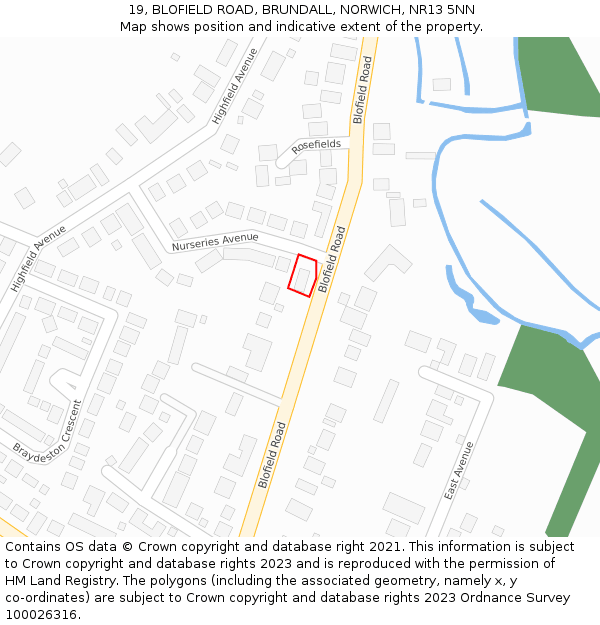 19, BLOFIELD ROAD, BRUNDALL, NORWICH, NR13 5NN: Location map and indicative extent of plot