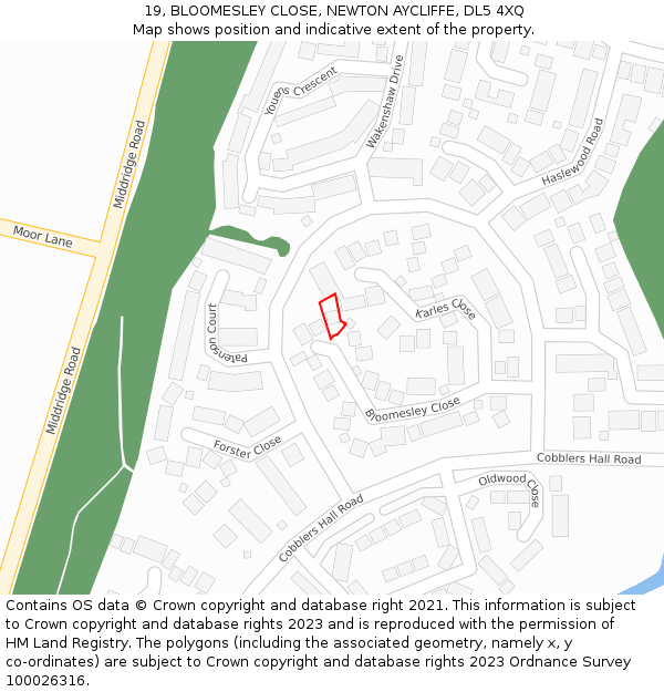 19, BLOOMESLEY CLOSE, NEWTON AYCLIFFE, DL5 4XQ: Location map and indicative extent of plot