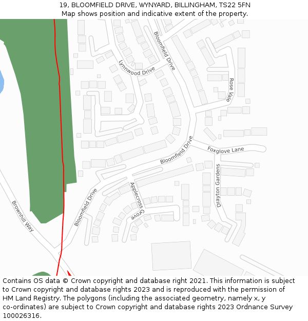 19, BLOOMFIELD DRIVE, WYNYARD, BILLINGHAM, TS22 5FN: Location map and indicative extent of plot