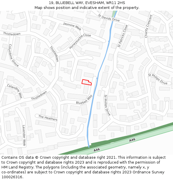 19, BLUEBELL WAY, EVESHAM, WR11 2HS: Location map and indicative extent of plot