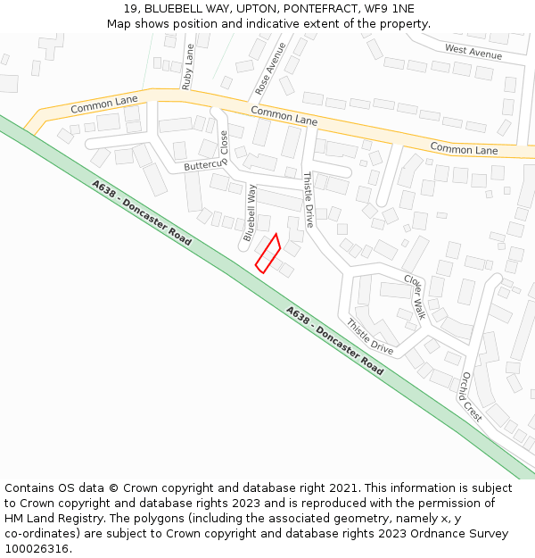 19, BLUEBELL WAY, UPTON, PONTEFRACT, WF9 1NE: Location map and indicative extent of plot