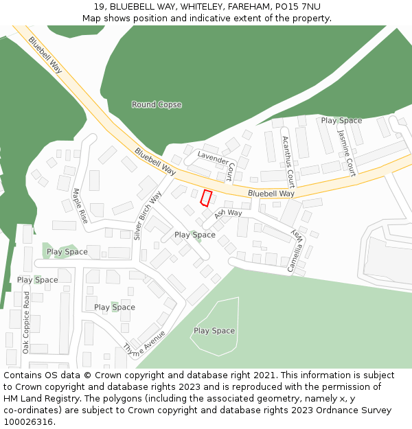 19, BLUEBELL WAY, WHITELEY, FAREHAM, PO15 7NU: Location map and indicative extent of plot