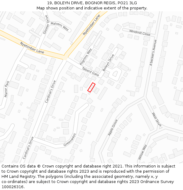 19, BOLEYN DRIVE, BOGNOR REGIS, PO21 3LG: Location map and indicative extent of plot