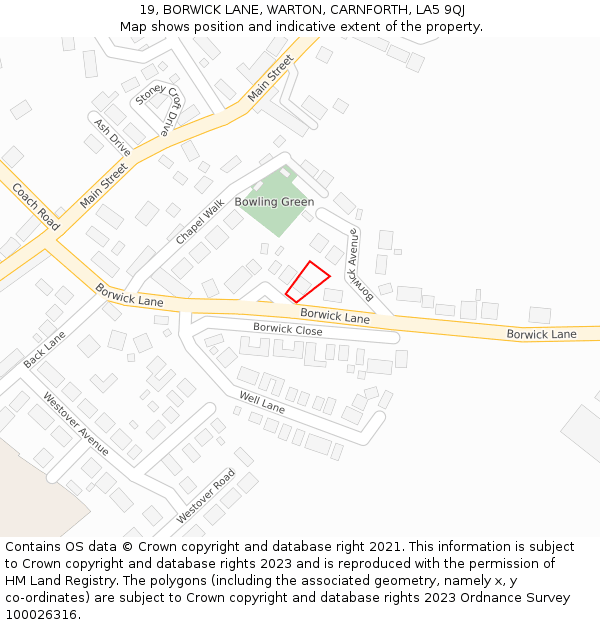 19, BORWICK LANE, WARTON, CARNFORTH, LA5 9QJ: Location map and indicative extent of plot