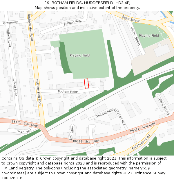 19, BOTHAM FIELDS, HUDDERSFIELD, HD3 4PJ: Location map and indicative extent of plot