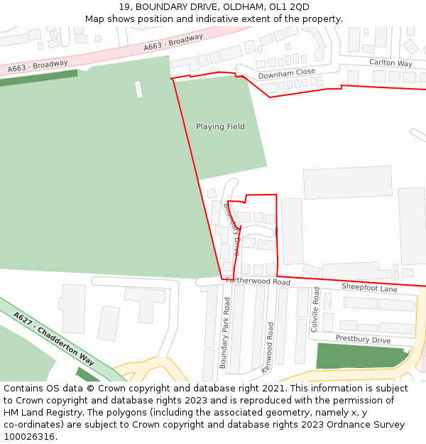 19, BOUNDARY DRIVE, OLDHAM, OL1 2QD: Location map and indicative extent of plot