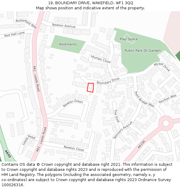 19, BOUNDARY DRIVE, WAKEFIELD, WF1 3QQ: Location map and indicative extent of plot